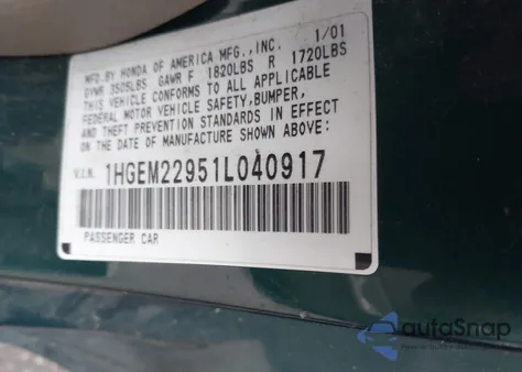 2001 Honda Civic Ex z USA, uszkodzony, nr VIN 1HGEM22951L040917